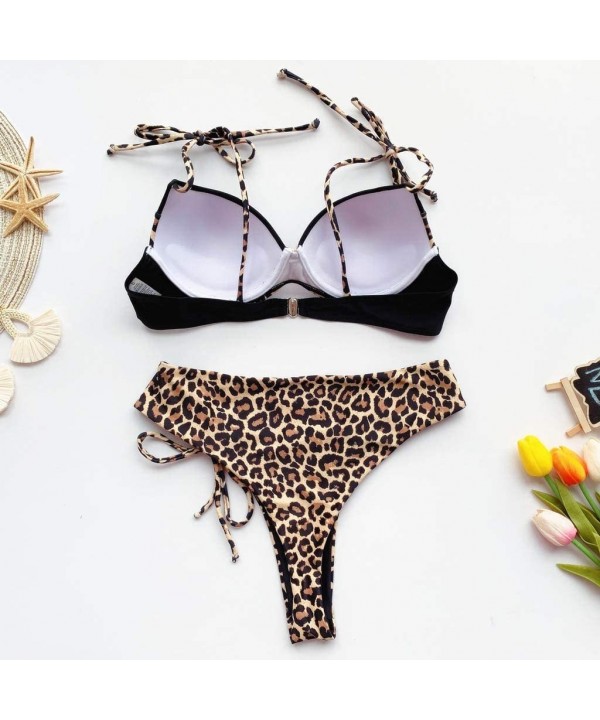 Swimsuit for Women Two Piece Bathing Suit Top Leopard Print Bandage Bikini - Black - CB1992SLT0U $20.91-Sets