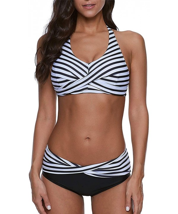 Women's Halter Push Up Two Piece Bikini Swimsuits Twist Front Bathing Suits Padded Swimwear - 2 Black Stripes - CK18OTRU2MT $...