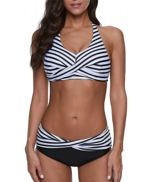 Women's Halter Push Up Two Piece Bikini Swimsuits Twist Front Bathing Suits Padded Swimwear - 2 Black Stripes - CK18OTRU2MT $...