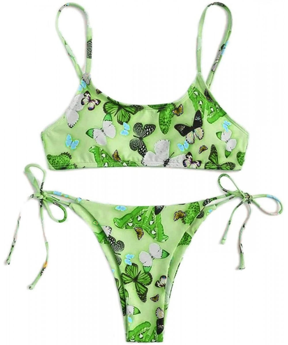 Womens Sexy Scoop Neck Two Piece Swimsuits-Butterfly Tie Side Bottom Thong Bikini Set Bathing Suit - Green - CM19D3G5D6I $18....