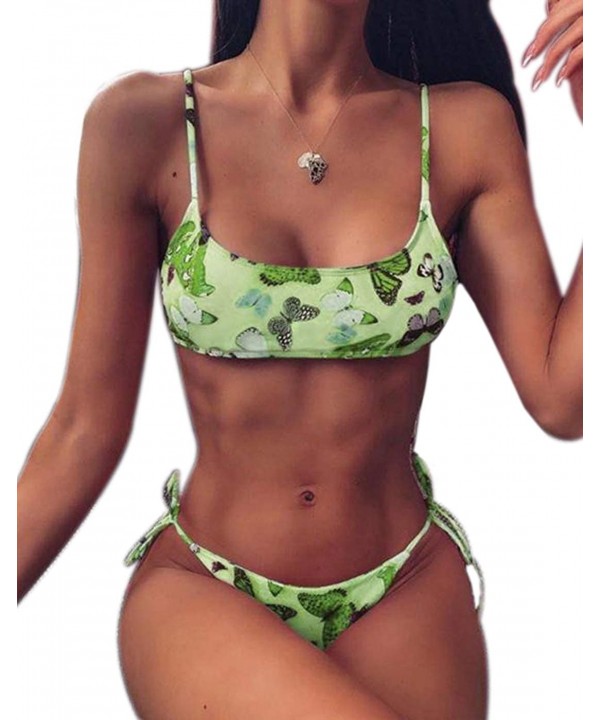 Womens Sexy Scoop Neck Two Piece Swimsuits-Butterfly Tie Side Bottom Thong Bikini Set Bathing Suit - Green - CM19D3G5D6I $18....