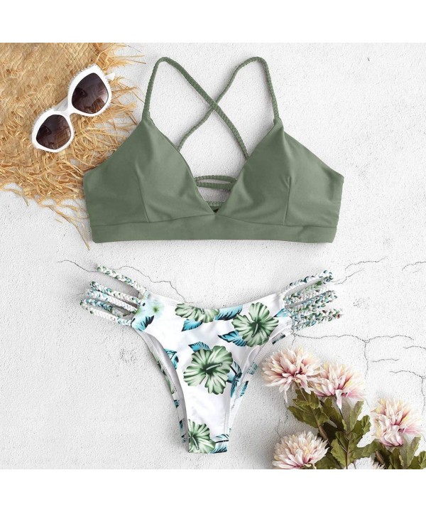 Swimsuits for Women Swimwear Bikini Set Print Leaves Push-Up Padded Swimsuit Beachwear Two Piece Bathing Suits - Z-army Green...