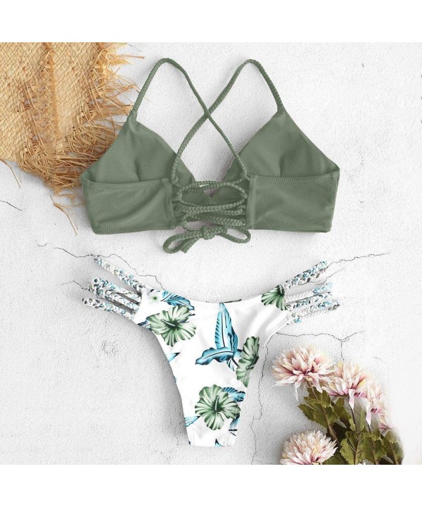 Swimsuits for Women Swimwear Bikini Set Print Leaves Push-Up Padded Swimsuit Beachwear Two Piece Bathing Suits - Z-army Green...