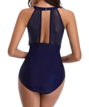 Women One Piece Swimsuit- Solid Color Macrame Pleated Mesh High Neck Halter Tummy Control Swimwear Bikini - Navy - CB18QXDQCT...