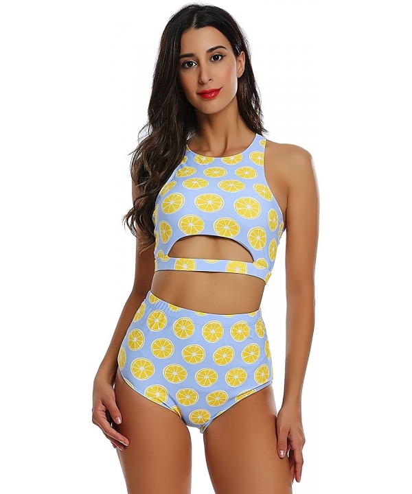 Women's Crop Top High Waisted Bikini Set Swimsuit Print Two Piece Bathing Suit - Lemon - CT18U7HKXYH $32.28-Sets