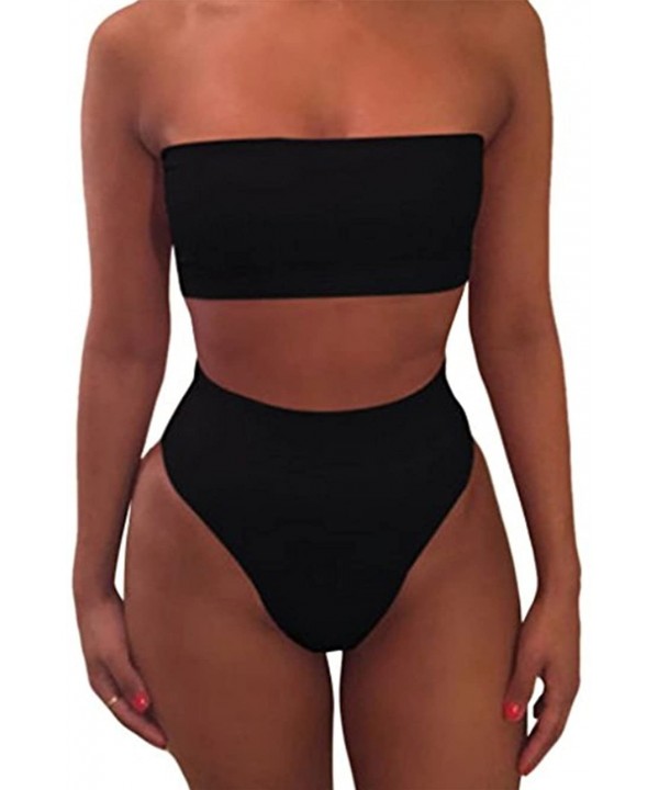 Women's Strapless Wrap Padded High Waisted Bikini Set Swimsuits - Black - CS18M0TTSEG $17.79-Sets