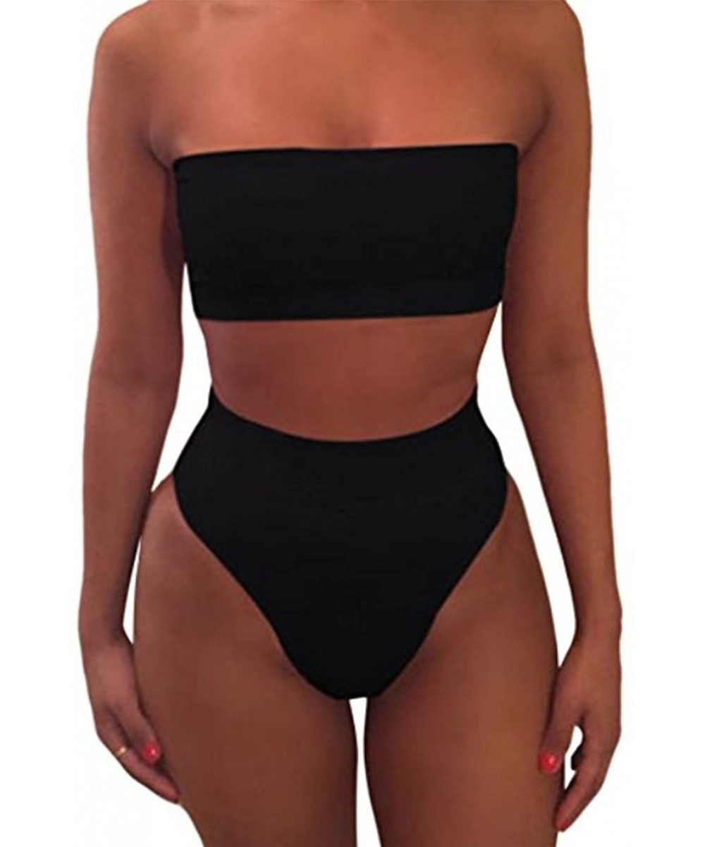 Women's Strapless Wrap Padded High Waisted Bikini Set Swimsuits - Black - CS18M0TTSEG $17.79-Sets