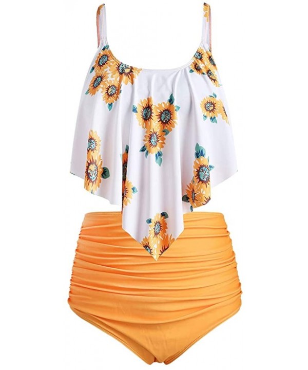 Summer Women's Sexy and comfortablePlus Size Overlay Sunflower Print Ruched Bikini Set - Sunrise Orange - CP18UDCH5DL $20.89-...