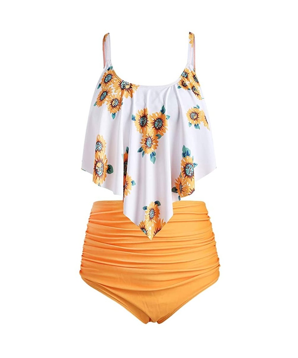 Summer Women's Sexy and comfortablePlus Size Overlay Sunflower Print Ruched Bikini Set - Sunrise Orange - CP18UDCH5DL $20.89-...