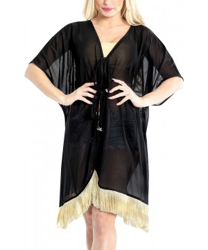 Women Loose Kimono Cardigan Beach Coverup Capes Blouse Top Solid Plain - Halloween Black_x952 - CK18LYSEC6T $25.84-Cover-Ups