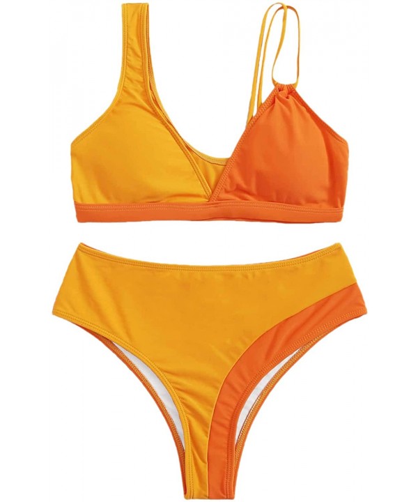 Women's Sexy Colorblock Bikinis High Waist Swimsuit Bathing Suits - Orange - CV194EZ05ZN $14.70-Sets