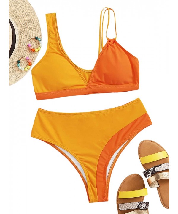 Women's Sexy Colorblock Bikinis High Waist Swimsuit Bathing Suits - Orange - CV194EZ05ZN $14.70-Sets