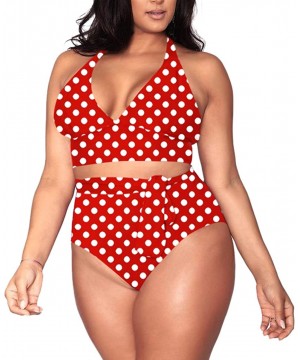 Women's Plus Size High Waisted Tummy Control Swimwear Swimsuit Full Coverage Wide halter strap Red With Polka Dot - CT18Y2TRL...