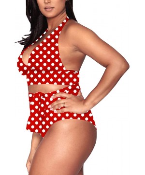 Women's Plus Size High Waisted Tummy Control Swimwear Swimsuit Full Coverage Wide halter strap Red With Polka Dot - CT18Y2TRL...