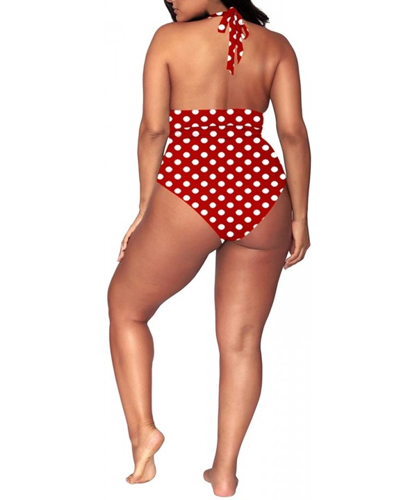 Women's Plus Size High Waisted Tummy Control Swimwear Swimsuit Full Coverage Wide halter strap Red With Polka Dot - CT18Y2TRL...