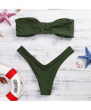 Solid Bikini Women Swimwear Bandeau Twist Front Thong Swimsuit Strapless Bathing Suit - Army Green - C418QLM2CMN $24.59-Racing