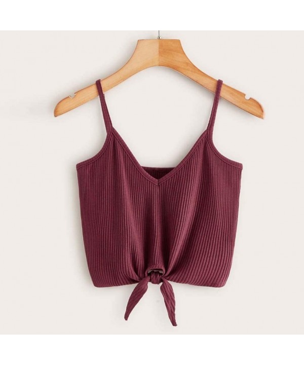 2020 Summer Womens Camisole Sleeveless Striped Button Camis Spaghetti Strappy Bowknot Crop Tank Tops Vests 0525 Wine - CS18R6...