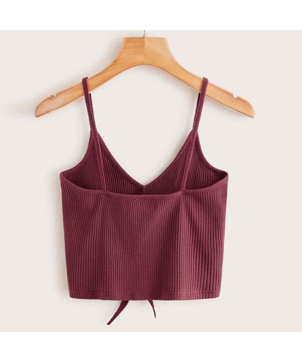 2020 Summer Womens Camisole Sleeveless Striped Button Camis Spaghetti Strappy Bowknot Crop Tank Tops Vests 0525 Wine - CS18R6...