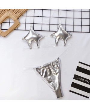 Women's Sexy Two Piece Bandeau Swimsuit Cover Chests Top Bottom Transparent Transparent Strap Thong Set - Silver - C018WE4WO4...