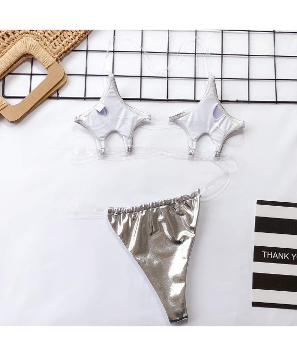 Women's Sexy Two Piece Bandeau Swimsuit Cover Chests Top Bottom Transparent Transparent Strap Thong Set - Silver - C018WE4WO4...