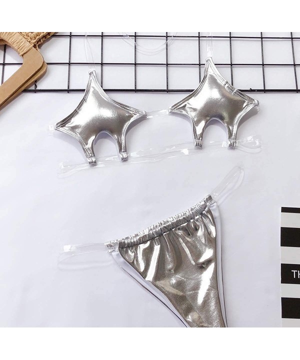 Women's Sexy Two Piece Bandeau Swimsuit Cover Chests Top Bottom Transparent Transparent Strap Thong Set - Silver - C018WE4WO4...