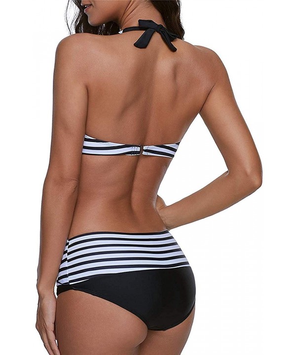 Women's Halter Push Up Two Piece Bikini Swimsuits Twist Front Bathing Suits Padded Swimwear - 2 Black Stripes - CK18OTRU2MT $...