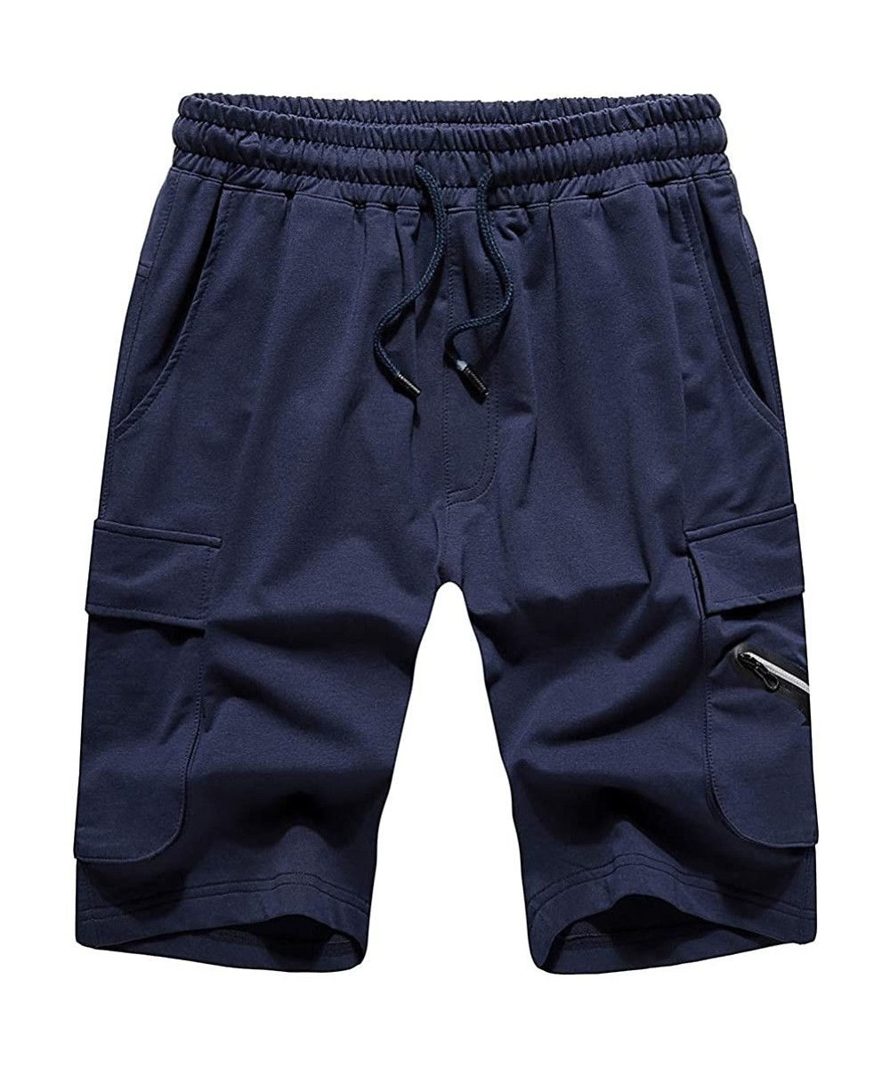 Men's Summer Elastic Waist Casual Short Stretch Cotton Pocket Shorts Daily Wear Walking - Navy 17 - CX18OQIHT0E $18.16-Trunks