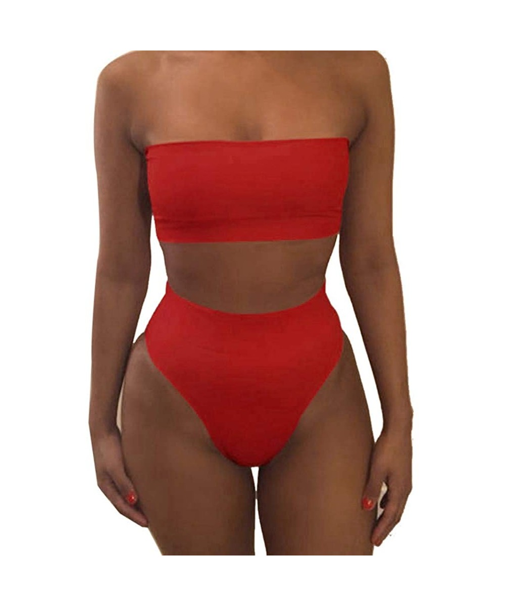 Women Bandage Bikini Set Push-up Padded Bra Swimsuit Bathing 2pcs Set Swimwear - Red - CO193X9Z3MT $10.20-Sets