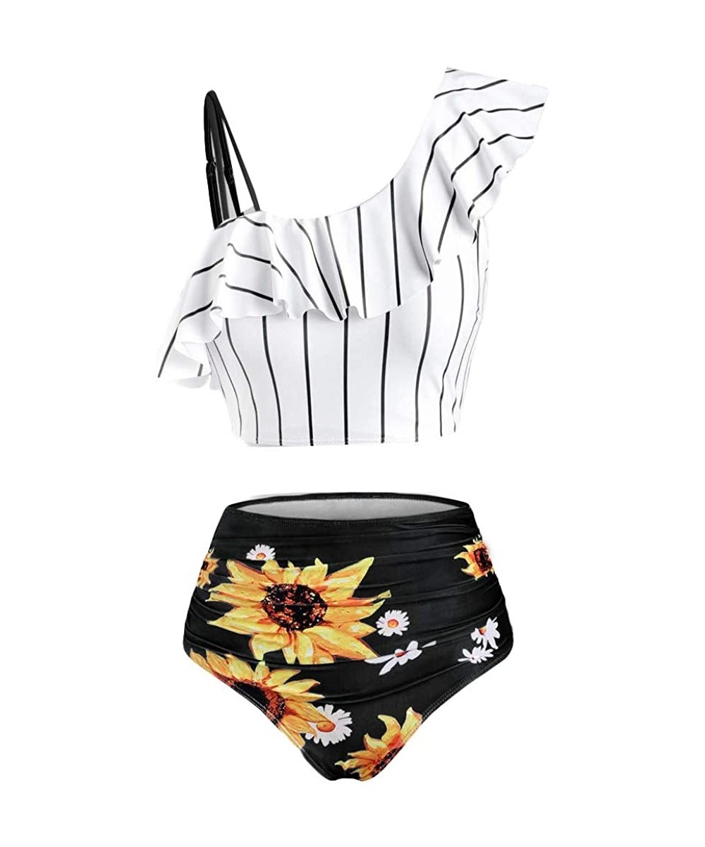 Women's Striped Sunflower Print Push-Up Padded Plus Size Overlay Bikini Swimsuit Beachwear - A Black - CP199ICXQS8 $14.14-Sets