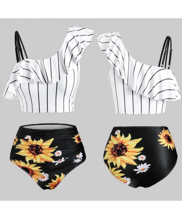 Women's Striped Sunflower Print Push-Up Padded Plus Size Overlay Bikini Swimsuit Beachwear - A Black - CP199ICXQS8 $14.14-Sets