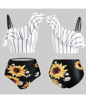 Women's Striped Sunflower Print Push-Up Padded Plus Size Overlay Bikini Swimsuit Beachwear - A Black - CP199ICXQS8 $14.14-Sets