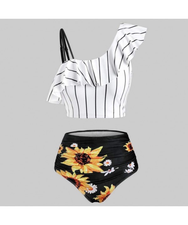 Women's Striped Sunflower Print Push-Up Padded Plus Size Overlay Bikini Swimsuit Beachwear - A Black - CP199ICXQS8 $14.14-Sets