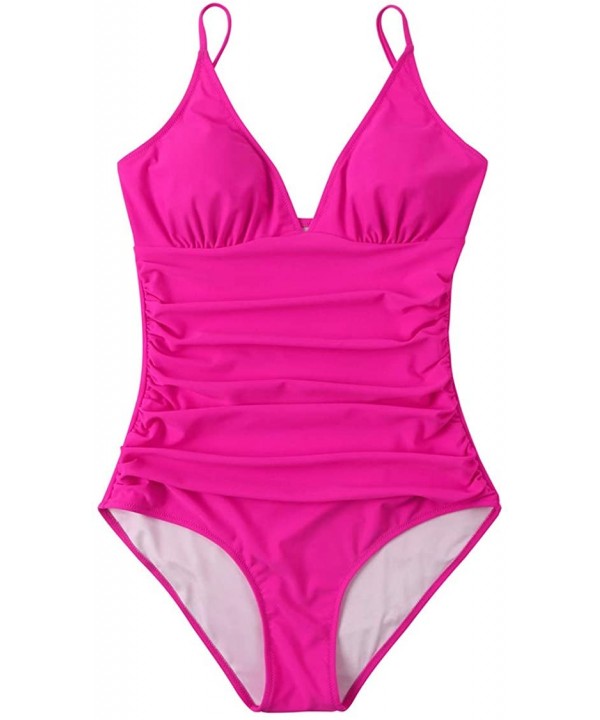 Women Retro Halter One Piece Swimsuits Sexy Slimming Ruched Monokini - 85 Hot Pink - CN1942KU77N $23.22-One-Pieces