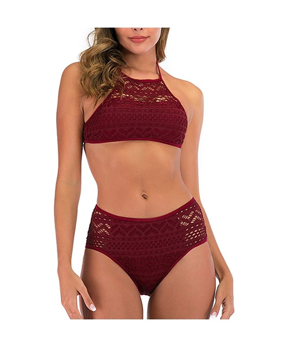 Women's Halter High Neck Two Pieces Swimwear Hollowed Crochet Swimsuit High Waisted Padding Bikini Set Bahing Suits Red - CR1...