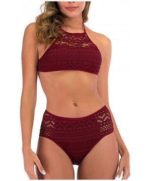 Women's Halter High Neck Two Pieces Swimwear Hollowed Crochet Swimsuit High Waisted Padding Bikini Set Bahing Suits Red - CR1...