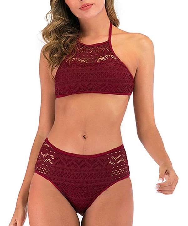 Women's Halter High Neck Two Pieces Swimwear Hollowed Crochet Swimsuit High Waisted Padding Bikini Set Bahing Suits Red - CR1...