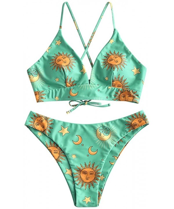 Women's Swimsuits Sun Moon Star Printed Bandeau Bikini Set Lace-Up Triangle Bathing Suit - Strappy Style Green - CS18SWIZD3X ...