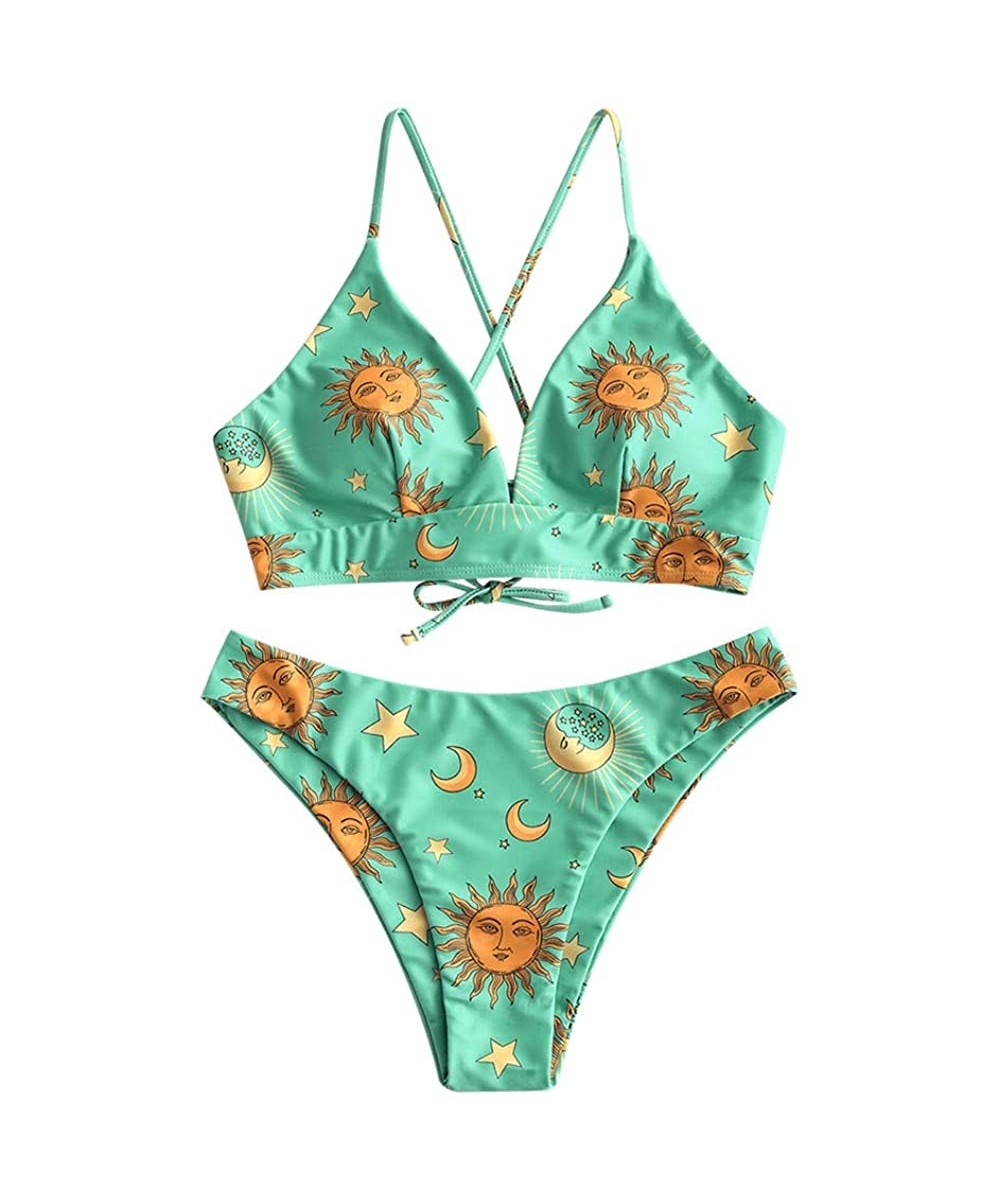 Women's Swimsuits Sun Moon Star Printed Bandeau Bikini Set Lace-Up Triangle Bathing Suit - Strappy Style Green - CS18SWIZD3X ...