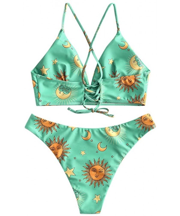 Women's Swimsuits Sun Moon Star Printed Bandeau Bikini Set Lace-Up Triangle Bathing Suit - Strappy Style Green - CS18SWIZD3X ...