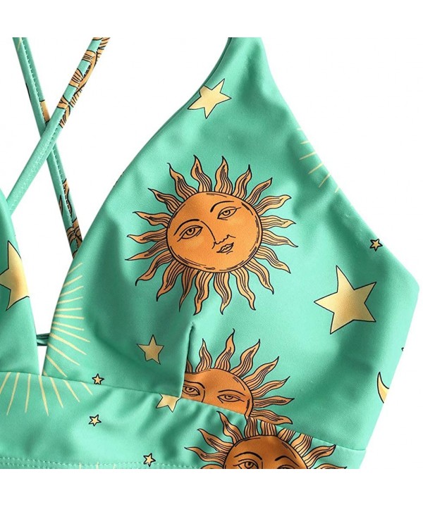 Women's Swimsuits Sun Moon Star Printed Bandeau Bikini Set Lace-Up Triangle Bathing Suit - Strappy Style Green - CS18SWIZD3X ...