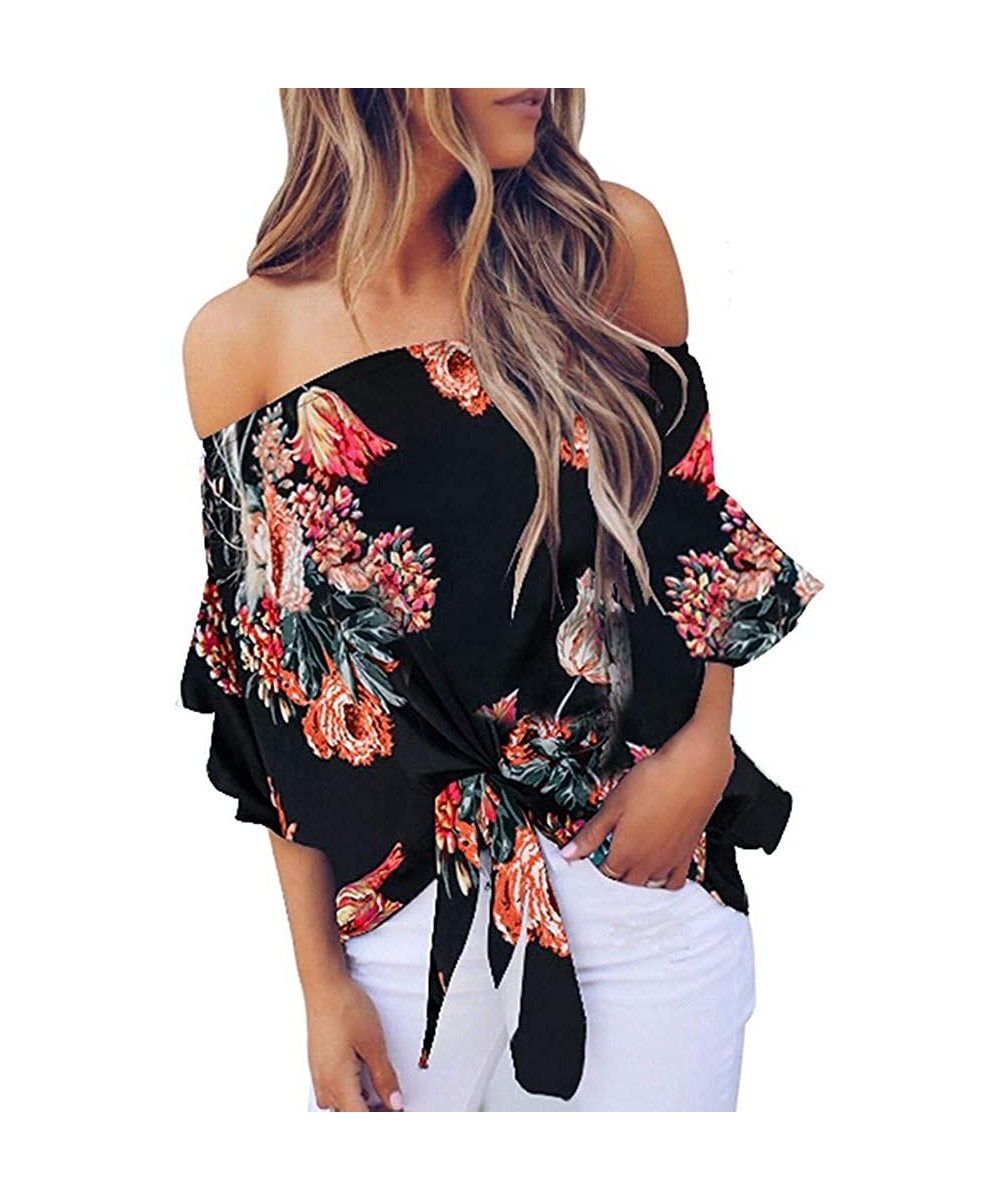 Off Shoulder Blouses for Womens- Floral Stripe Bell Sleeve Baggy Tie Knot Tops Casual Shirts - 8 Black - C118SGLM52X $15.25-T...