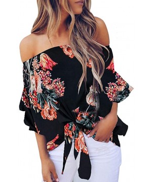 Off Shoulder Blouses for Womens- Floral Stripe Bell Sleeve Baggy Tie Knot Tops Casual Shirts - 8 Black - C118SGLM52X $15.25-T...