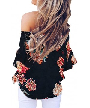 Off Shoulder Blouses for Womens- Floral Stripe Bell Sleeve Baggy Tie Knot Tops Casual Shirts - 8 Black - C118SGLM52X $15.25-T...