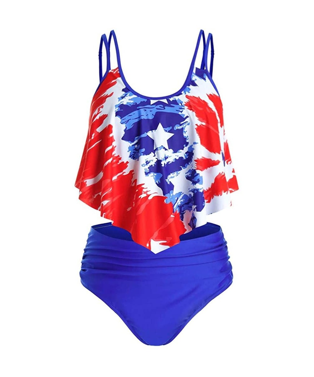 Two Pieces Push-Up Padd Overlay Sunflower Print Bikini Stripe Bathing Suits Swimwear Beachwear Set - Z-blue - C3190N8TA0Q $15...