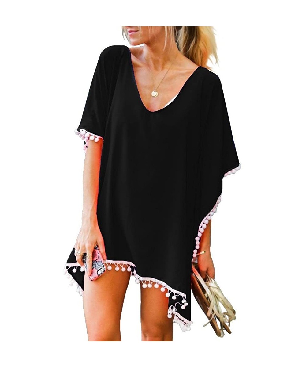 Women Chiffon Tassel Swimsuit Bikini Stylish Swimwear Beach Cover up - Black - C618D6RYY6T $13.09-Cover-Ups