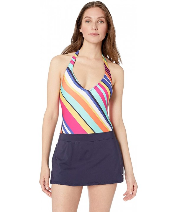 Women's Halter Swim Dress with Pockets One Piece Swimsuit - Docked Lines Stripe - Multi - CO18NRCKKD4 $17.94-One-Pieces