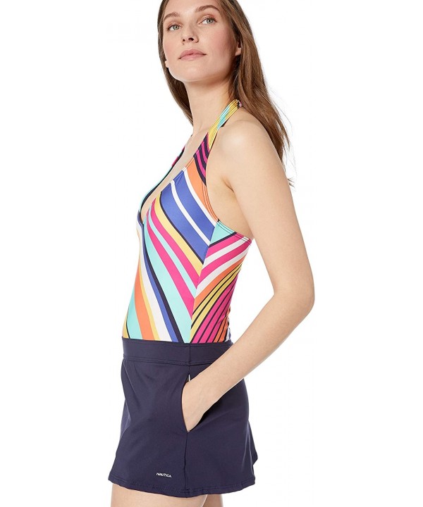 Women's Halter Swim Dress with Pockets One Piece Swimsuit - Docked Lines Stripe - Multi - CO18NRCKKD4 $17.94-One-Pieces