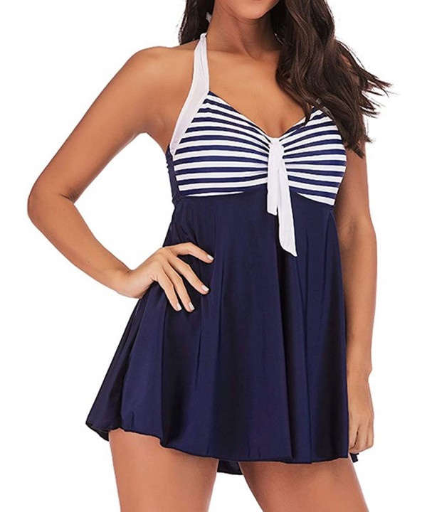 TiTCool Women's Pin Up Swimsuit Swimdress Sailor Striped Bathing Suit Plus Size Swimwear - Dark Blue - CO18W6HZMLT $34.16-Tan...