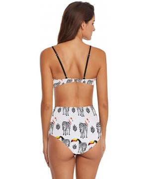 Womens Skull and Bones Black White 2 Piece Swimsuits High Waisted Bathing Suits Bikini Set - Zebra With Flamingo and Parrot H...