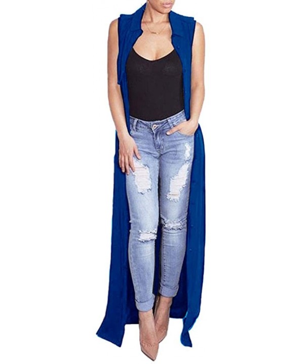 Sleeveless Soft Open Front Long Cover Ups Women Chiffon Maxi Cardigan - Blue - CG18YL39YIL $15.56-Cover-Ups